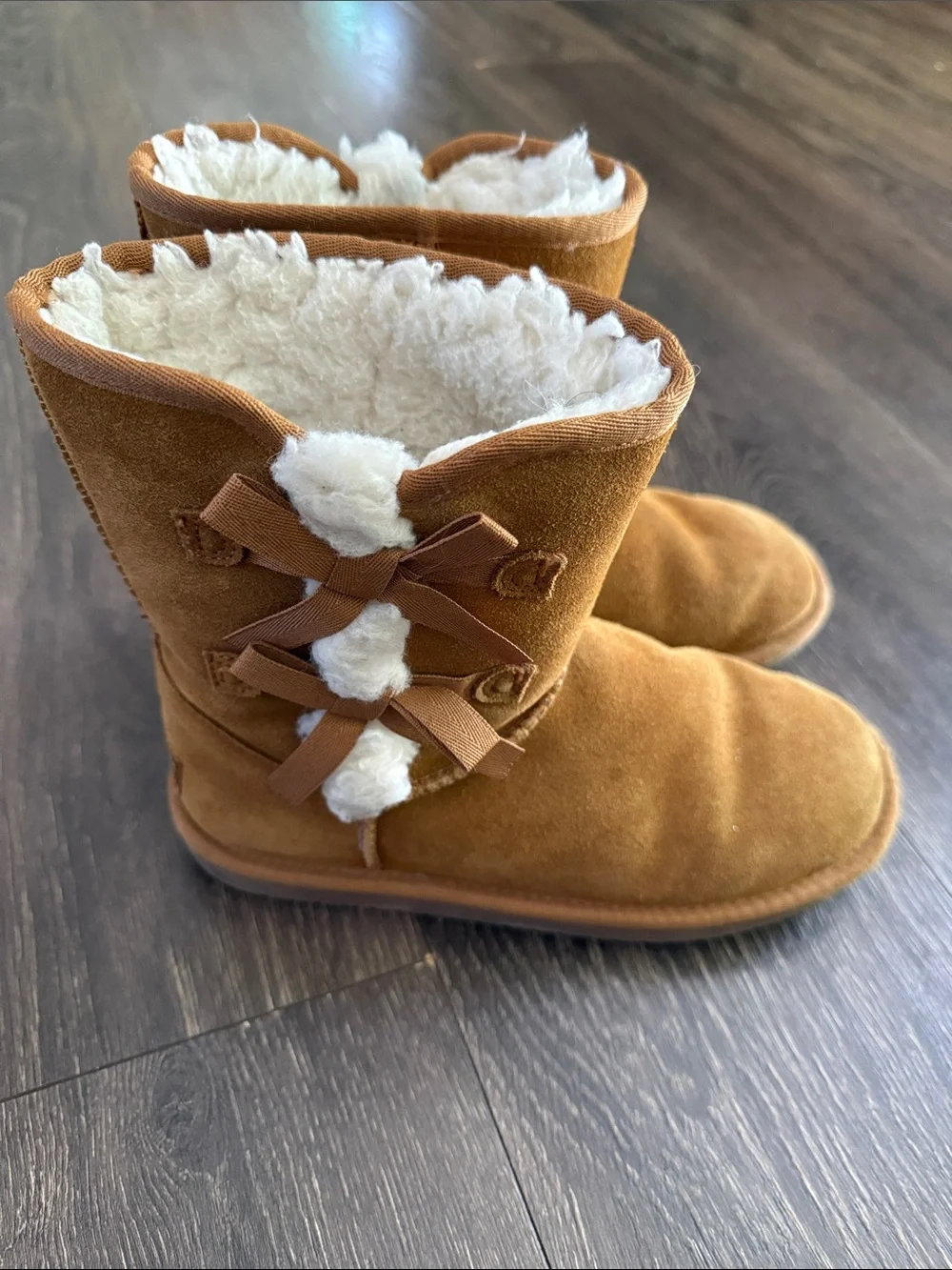 Koolaburra Kids Chestnut Suede Mid-Calf Boots with Shearling Bows